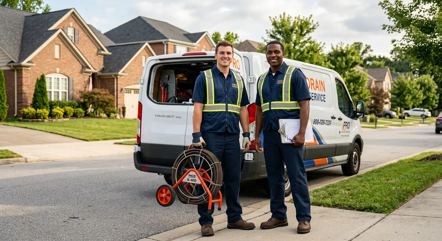 Sewer and drain service team with equipment ready for work in Wayland