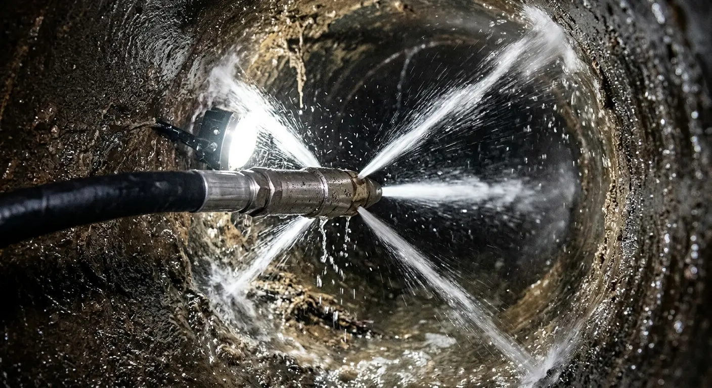 High-pressure hydro jetting nozzle cleaning sewer pipe for Emergency Drain Service in Wayland