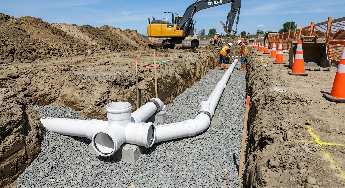 New PVC sewer pipe installation in open trench for Sewer Backup in Wayland