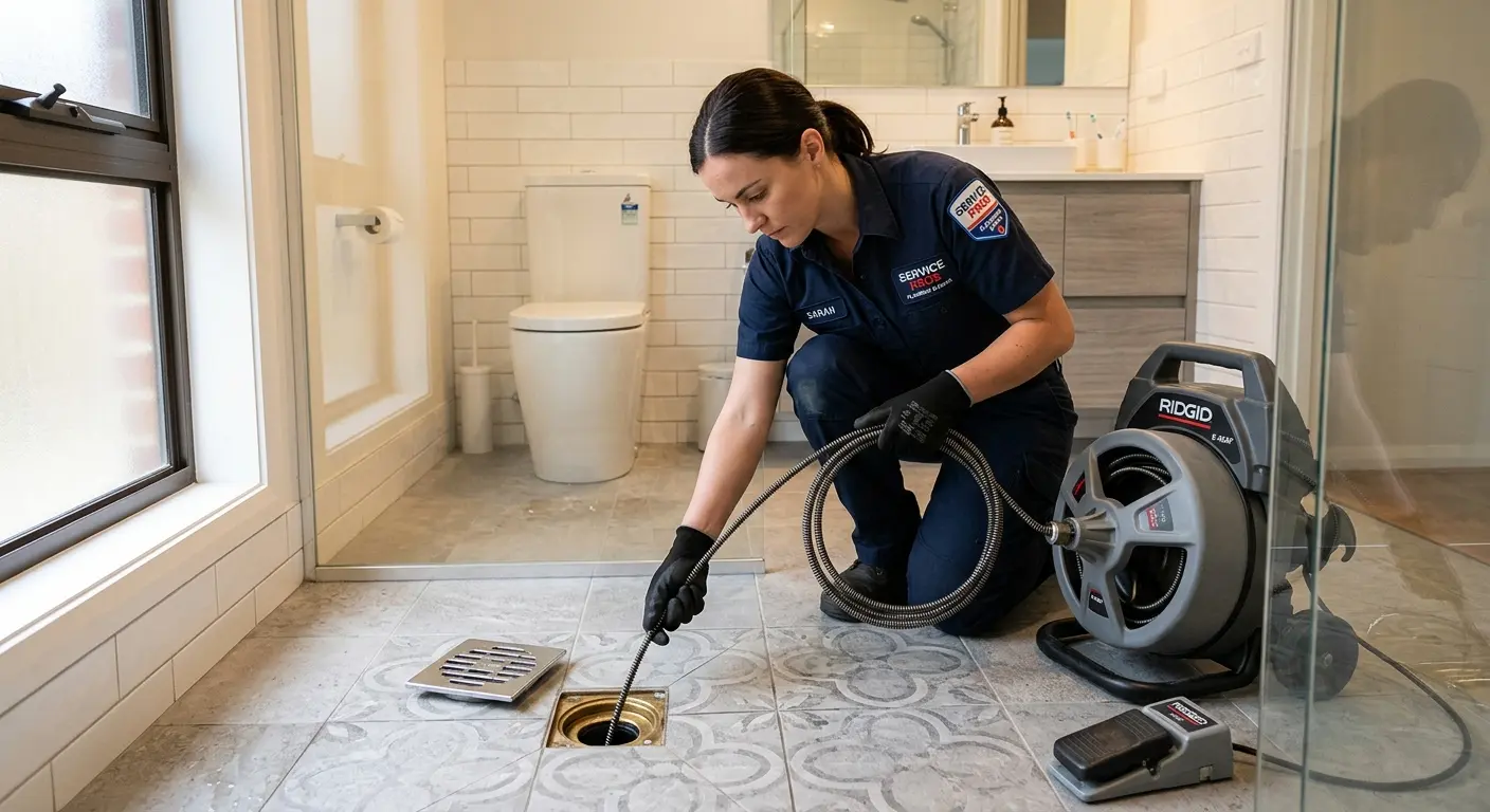 Technician clearing a bathroom floor drain for Drain Cleaning in Wayland